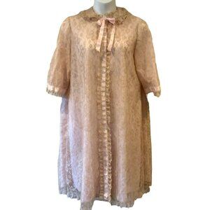 Odette Barsa Robe Peignoir Womens Large Pink Beige Lace Overlay Vintage 1960s